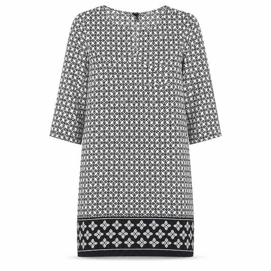 Front view of Firefly Women Black Geometric Shift Dress, size 14, 3/4 Sleeve