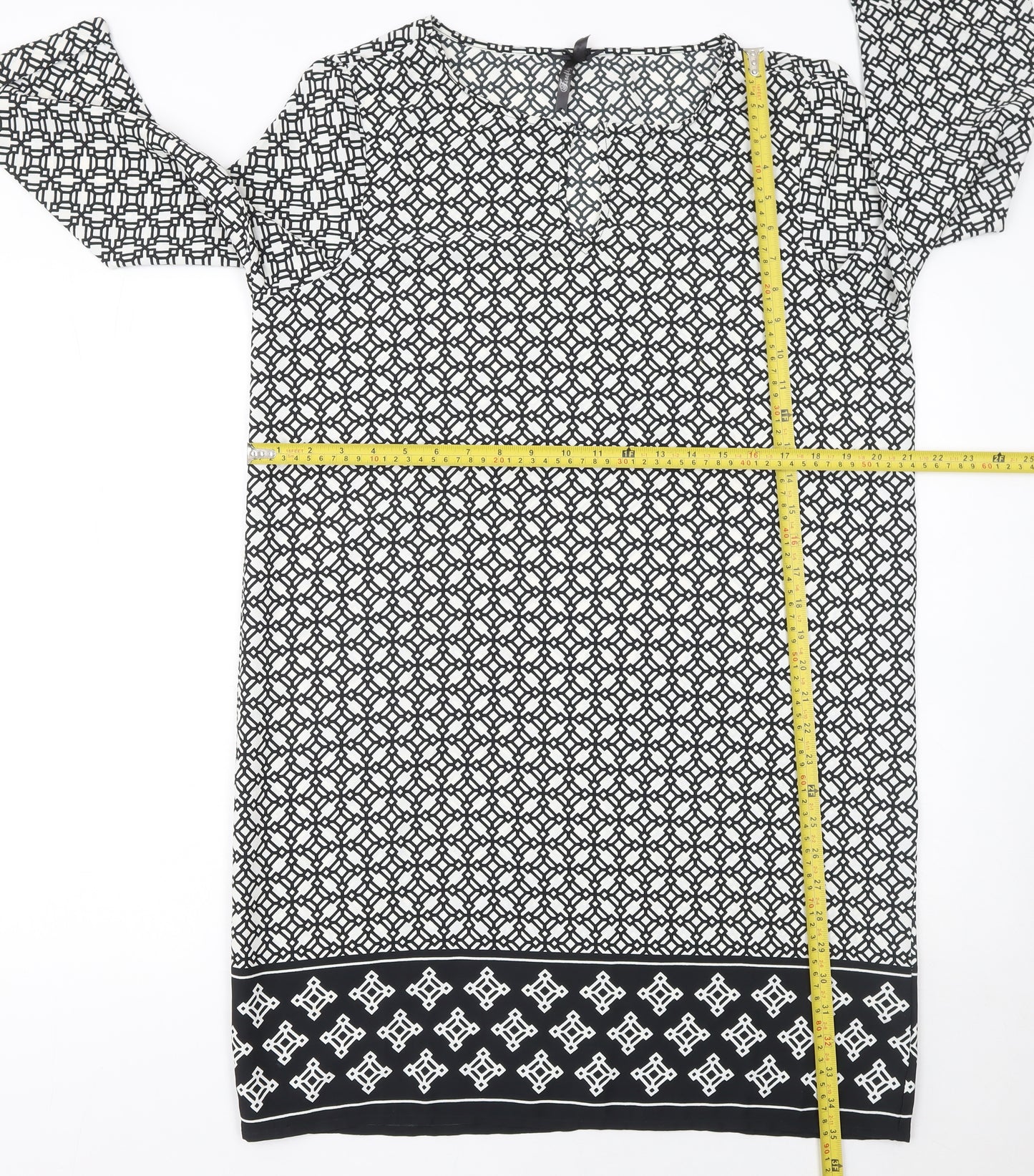 Firefly Women Black Geometric Shift Dress Size 14 3/4 Sleeve