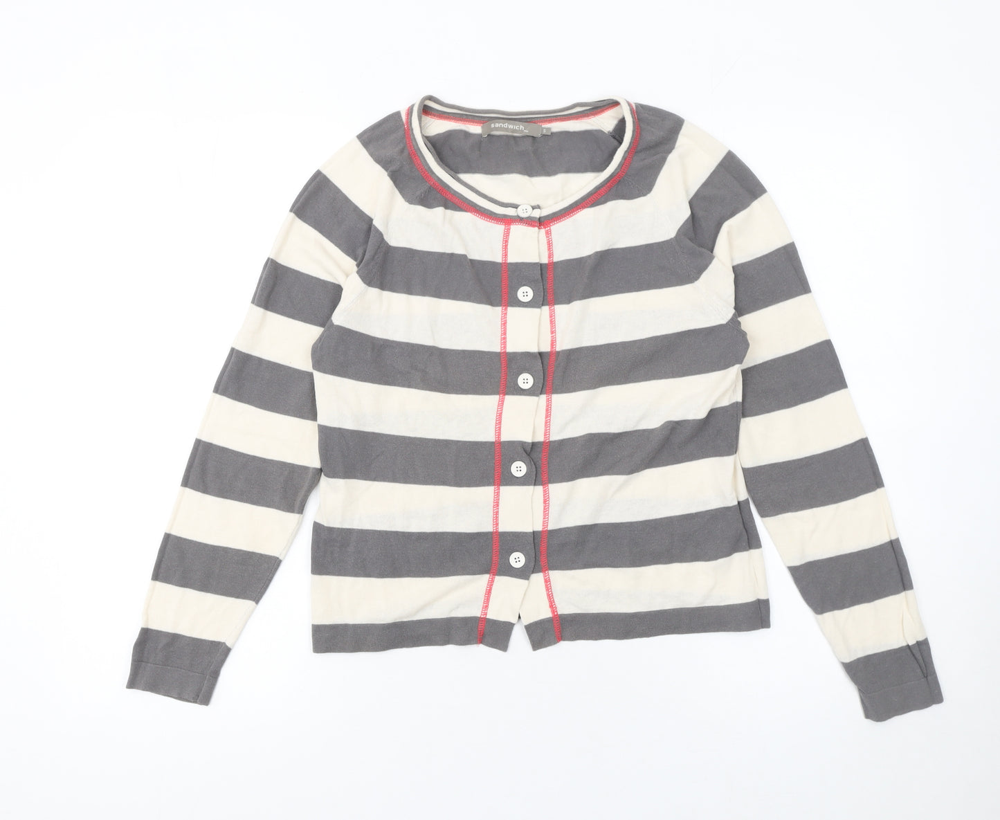 Sandwich Womens Grey Striped Cardigan Small Cotton Crew Neck