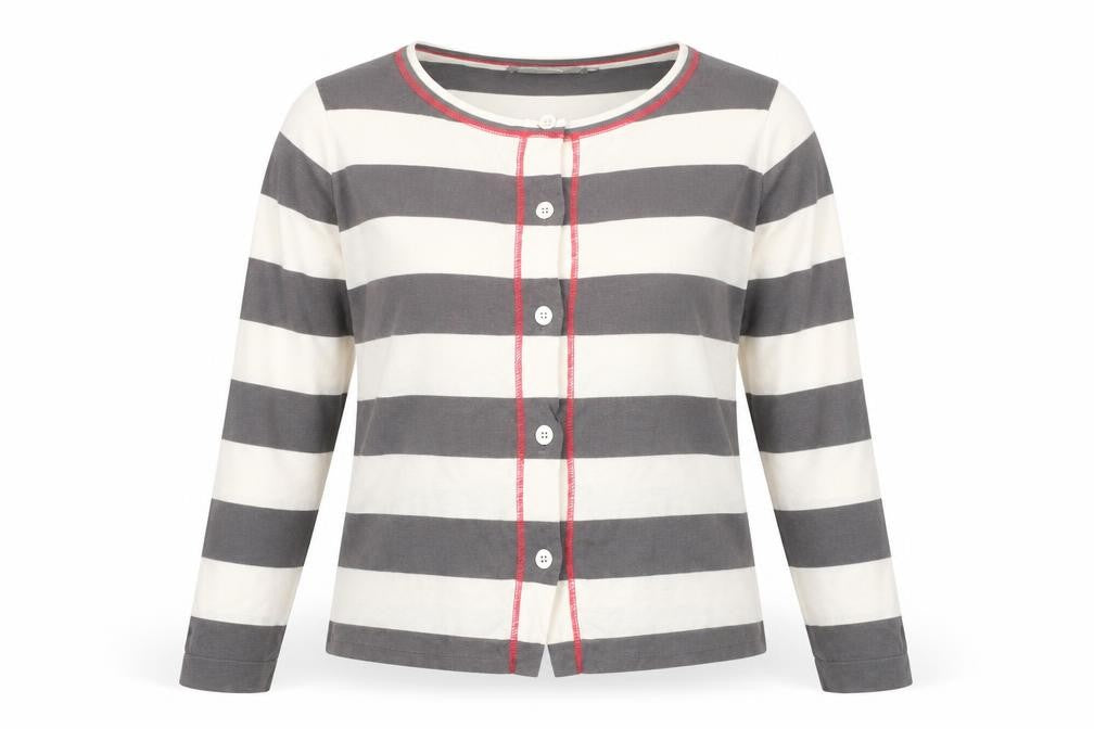 Front view of Sandwich women’s grey striped cardigan small cotton crew neck