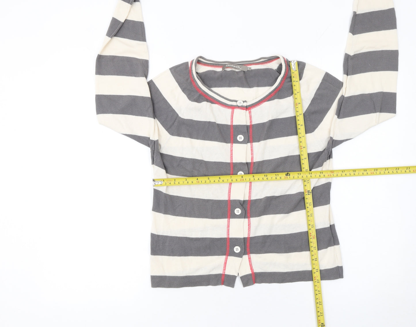 Sandwich Womens Grey Striped Cardigan Small Cotton Crew Neck