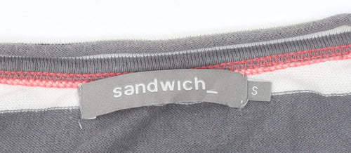 Sandwich Womens Grey Striped Cardigan Small Cotton Crew Neck