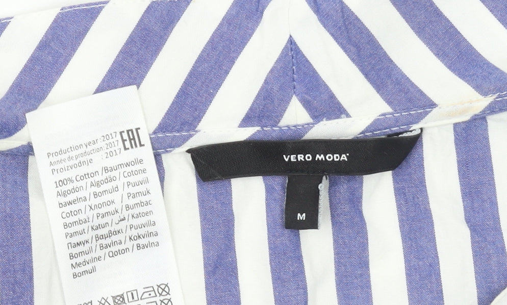 Vero Moda Women Blue Striped Cotton Bell Sleeve Tunic Blouse M