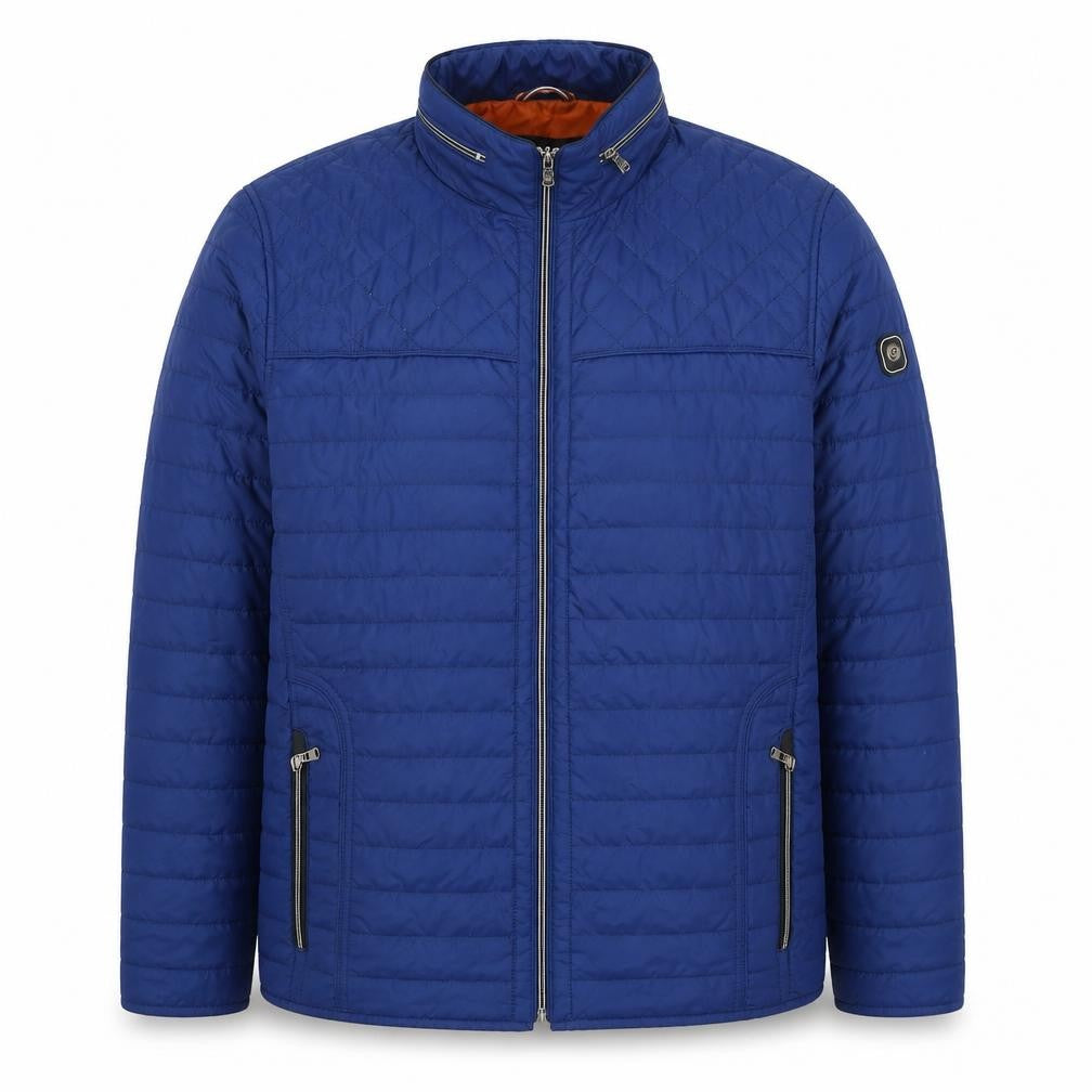 Front view of Gate One Men's Blue Quilted Mid-Length Jacket, size 56, Regular Fit