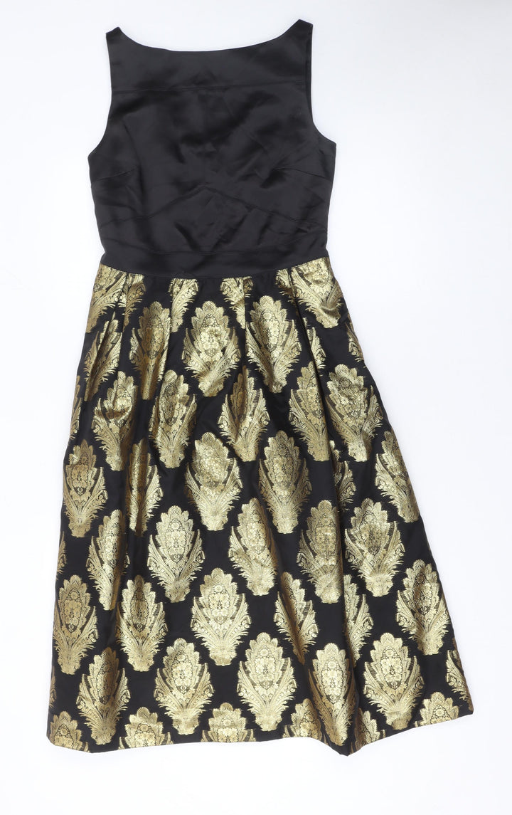 Oasis Women’s Black Gold Fit & Flare Jacquard Dress Size 8