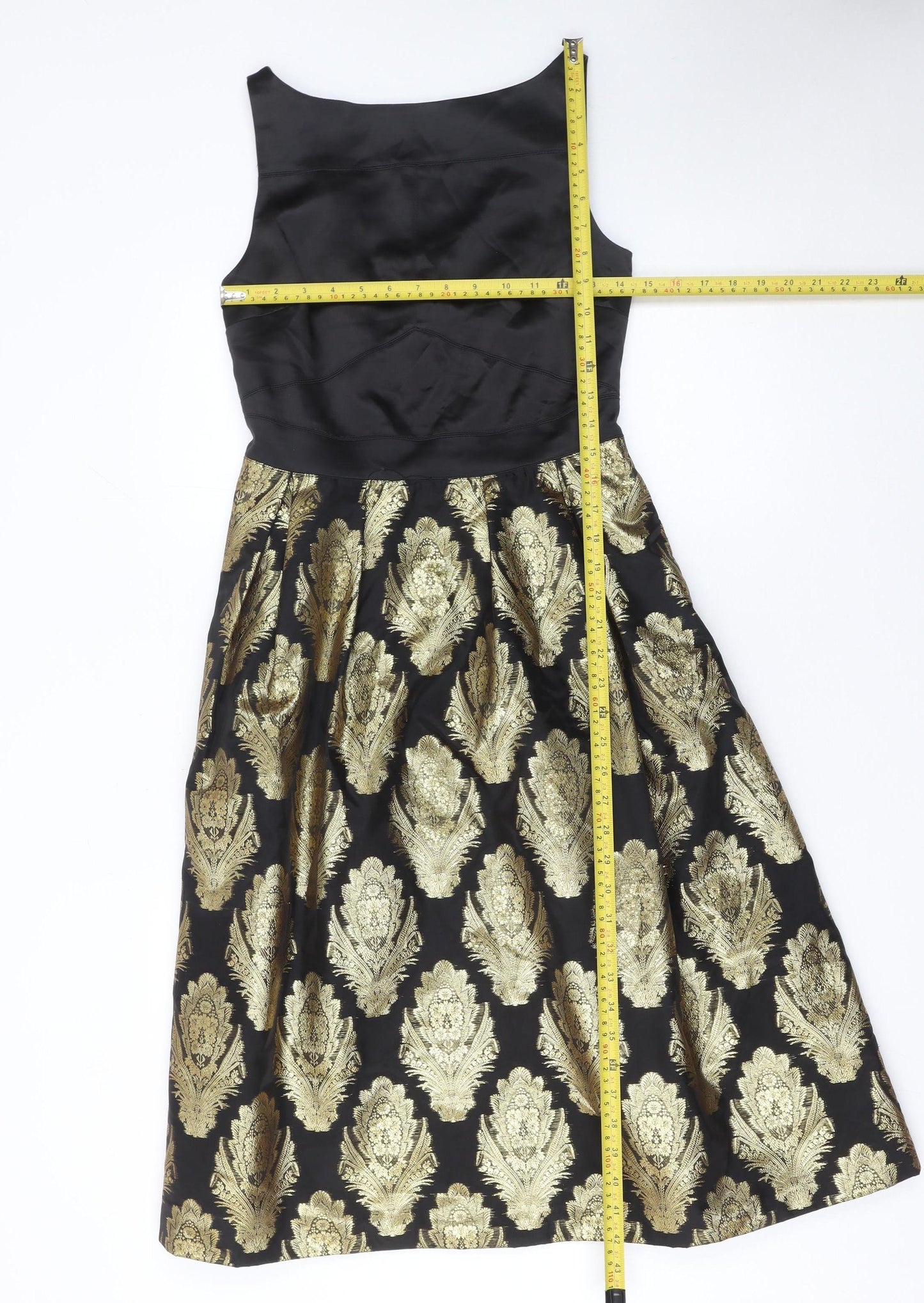 Oasis Women’s Black Gold Fit & Flare Jacquard Dress Size 8