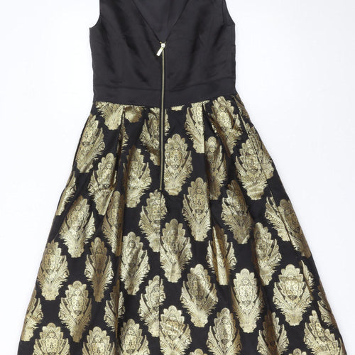 Oasis Women’s Black Gold Fit & Flare Jacquard Dress Size 8
