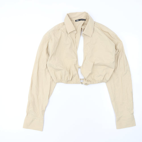 Zara Women Beige Cropped Collared Long Sleeve Blouse M