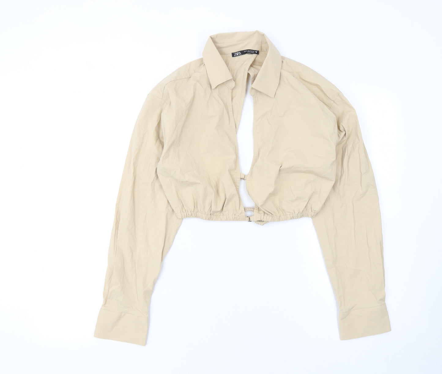 Zara Women Beige Cropped Collared Long Sleeve Blouse M