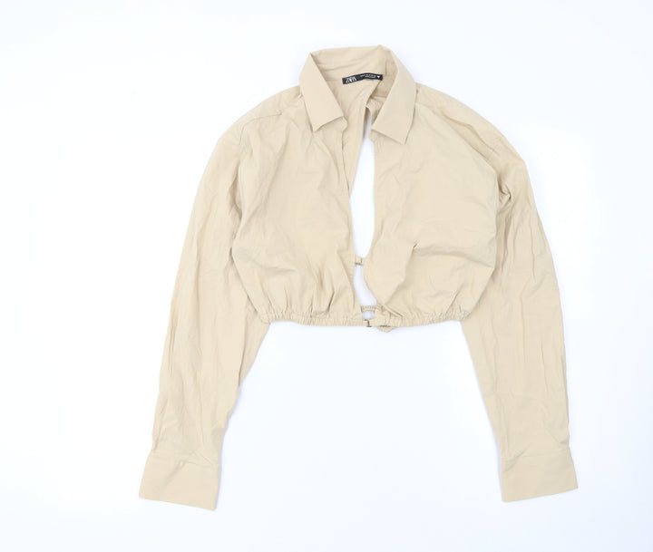 Zara Women Beige Cropped Collared Long Sleeve Blouse M