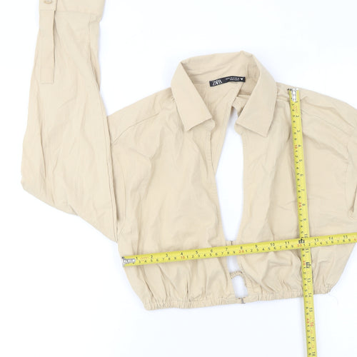 Zara Women Beige Cropped Collared Long Sleeve Blouse M