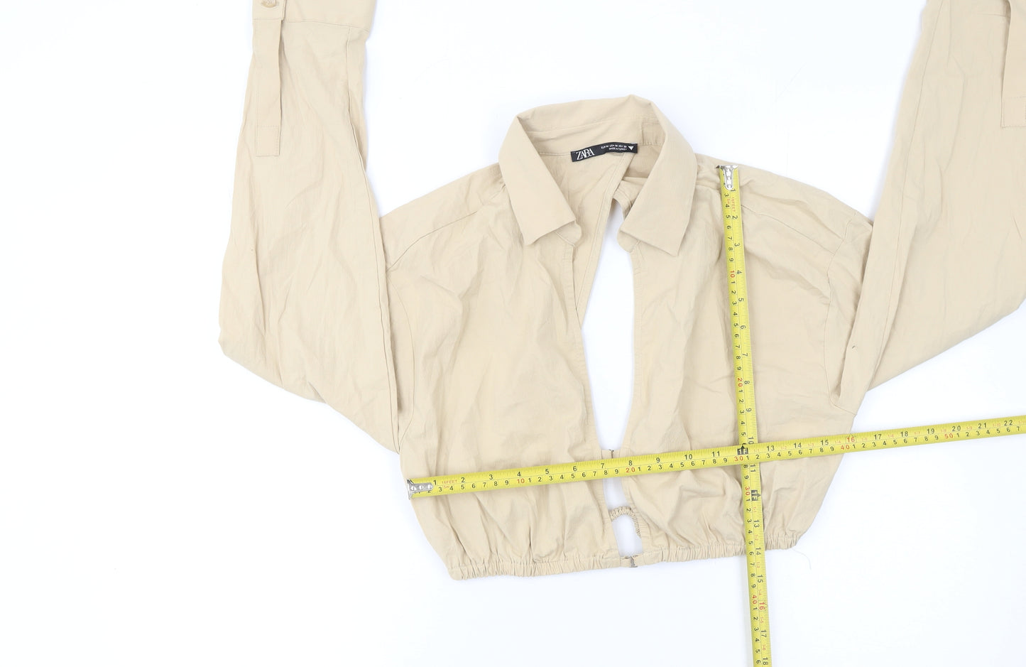 Zara Women Beige Cropped Collared Long Sleeve Blouse M
