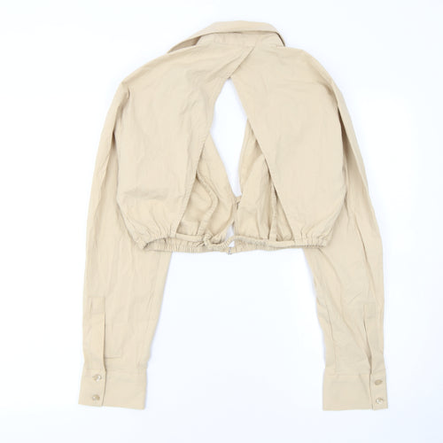 Zara Women Beige Cropped Collared Long Sleeve Blouse M