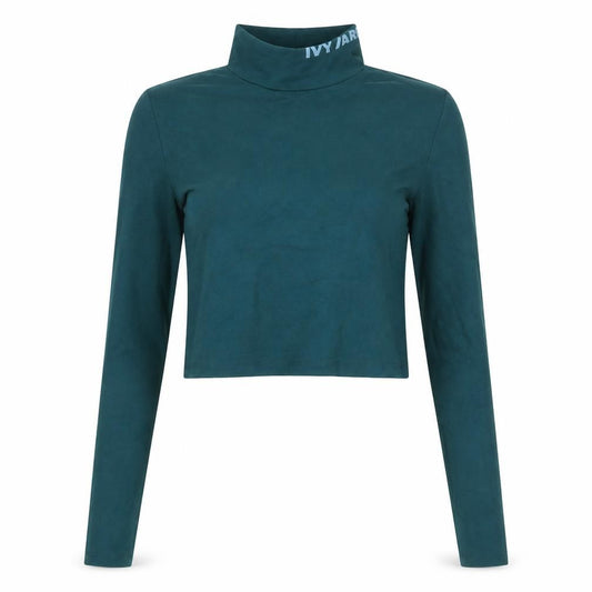 Front view of IVY PARK women’s green cropped long sleeve roll neck top l