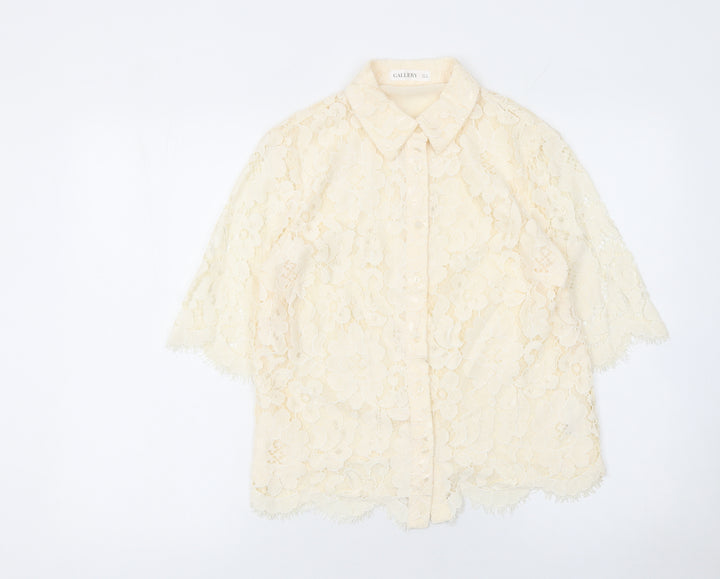 Gallery Women’s Beige Lace Floral Button Blouse UK 8