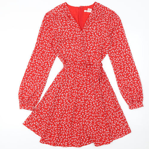 Glamorous Women Red Floral Wrap Dress Size 6 Long Sleeve