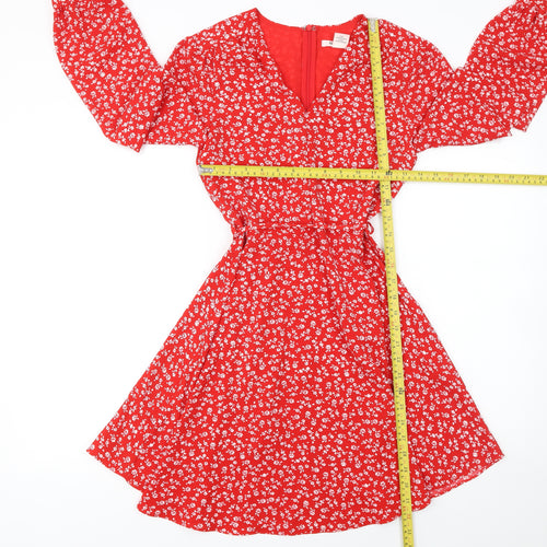 Glamorous Women Red Floral Wrap Dress Size 6 Long Sleeve