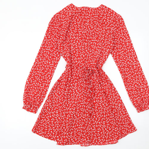 Glamorous Women Red Floral Wrap Dress Size 6 Long Sleeve