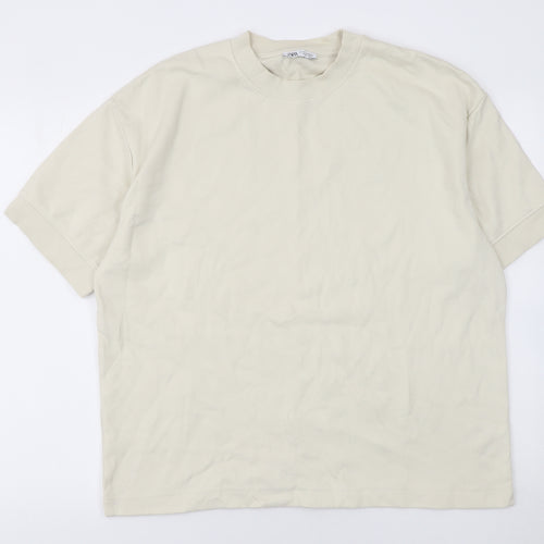 Zara Men Beige Short Sleeve Crew Neck Cotton Blend T-Shirt M