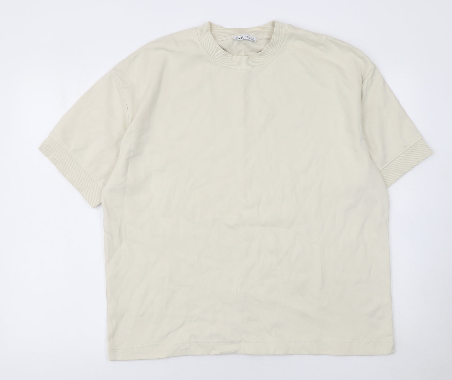 Zara Men Beige Short Sleeve Crew Neck Cotton Blend T-Shirt M