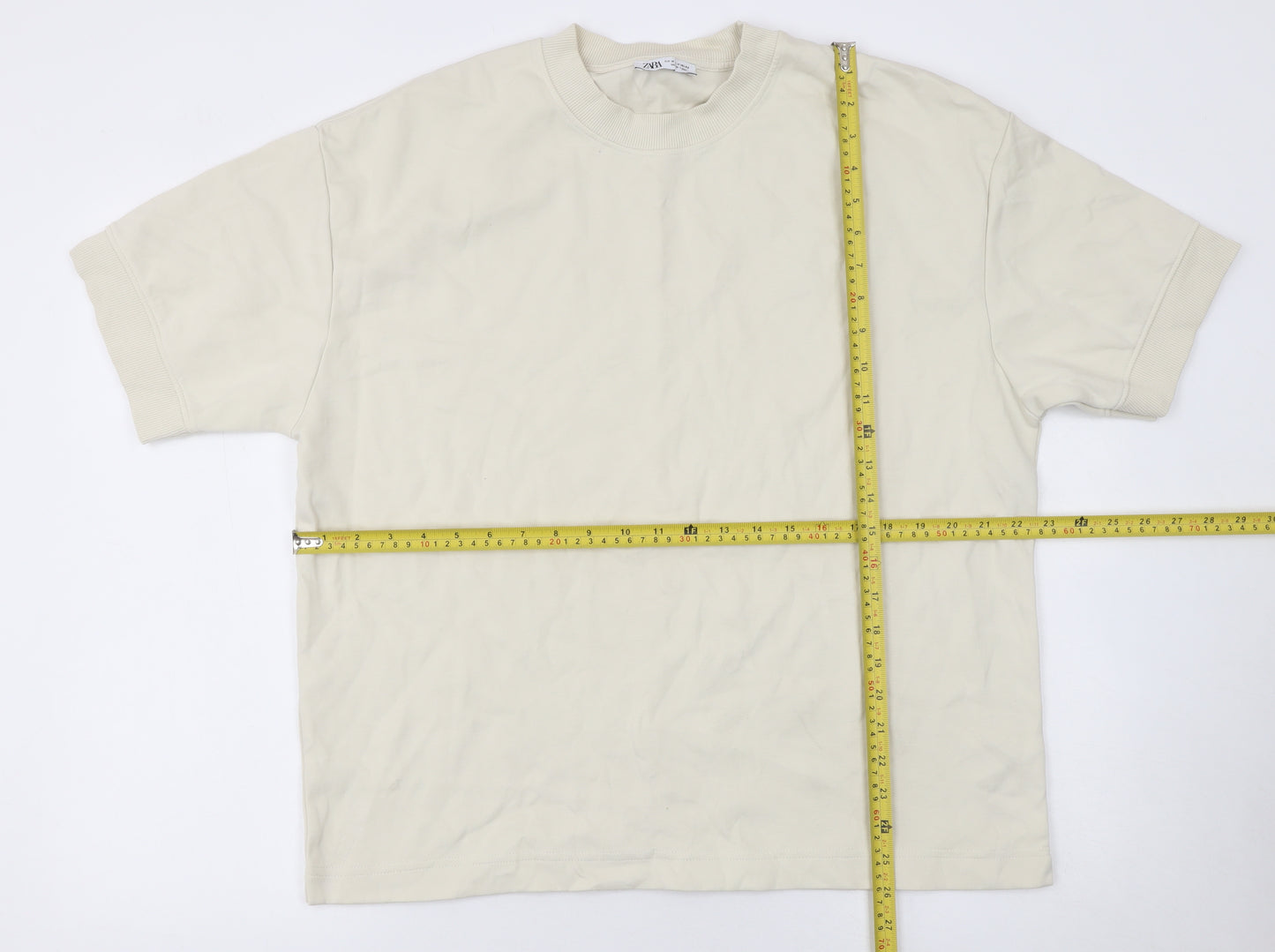 Zara Men Beige Short Sleeve Crew Neck Cotton Blend T-Shirt M