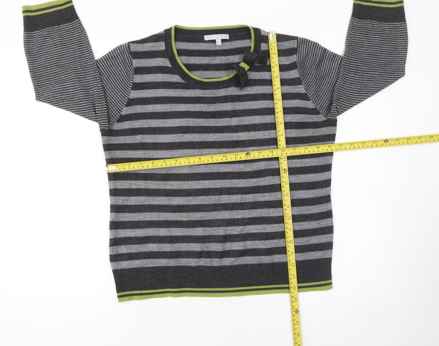 Marks and Spencer Per Una Women's Grey Striped 3/4 Sleeve Jumper Size 14