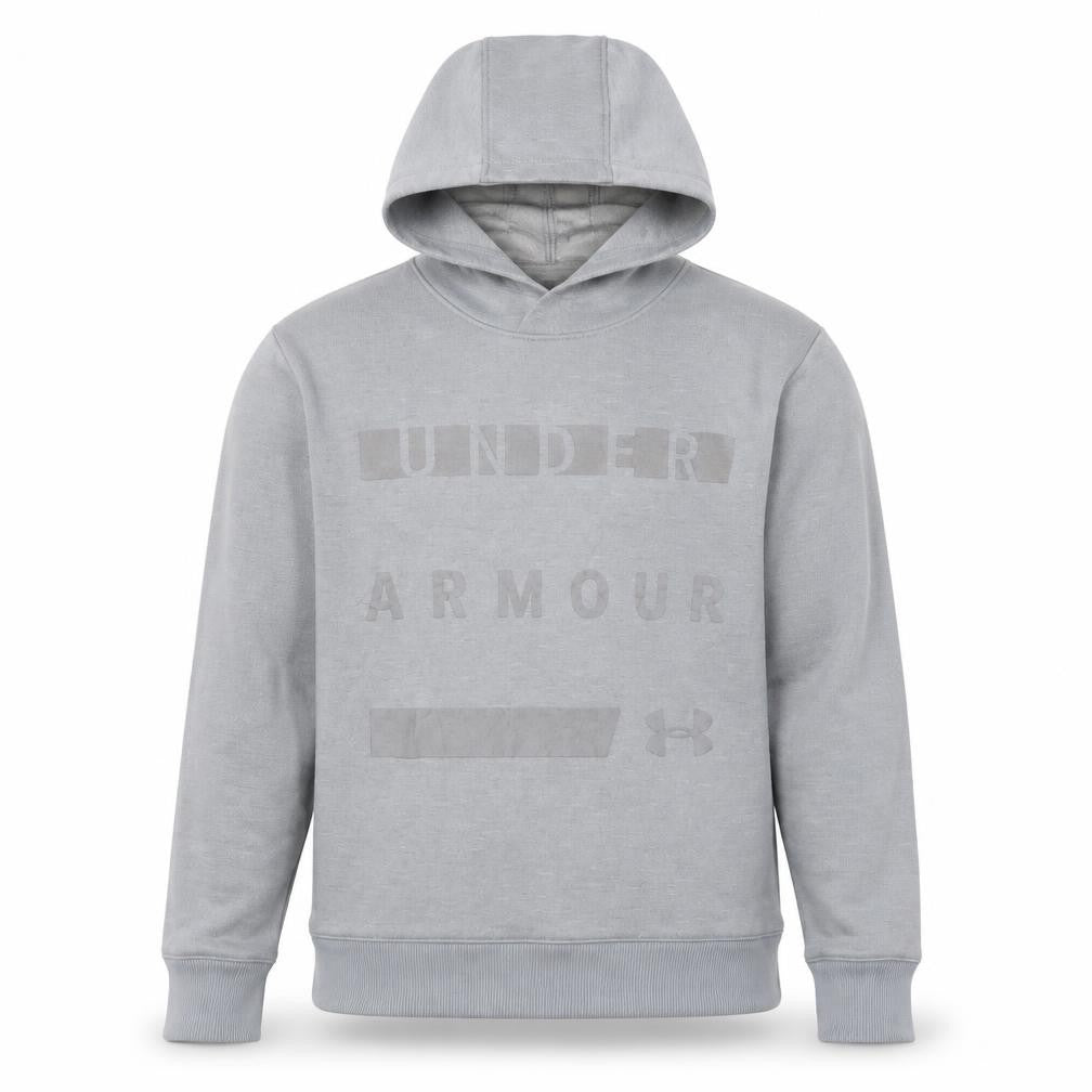 Front view of Under Armour Men's Grey Pullover Hoodie, size S, Loose Fit Sportswear