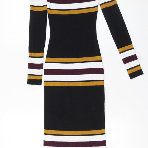 LU NYC Women Black Striped Midi Bodycon Dress XS