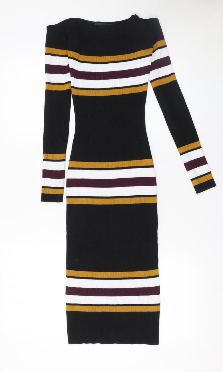 LU NYC Women Black Striped Midi Bodycon Dress XS