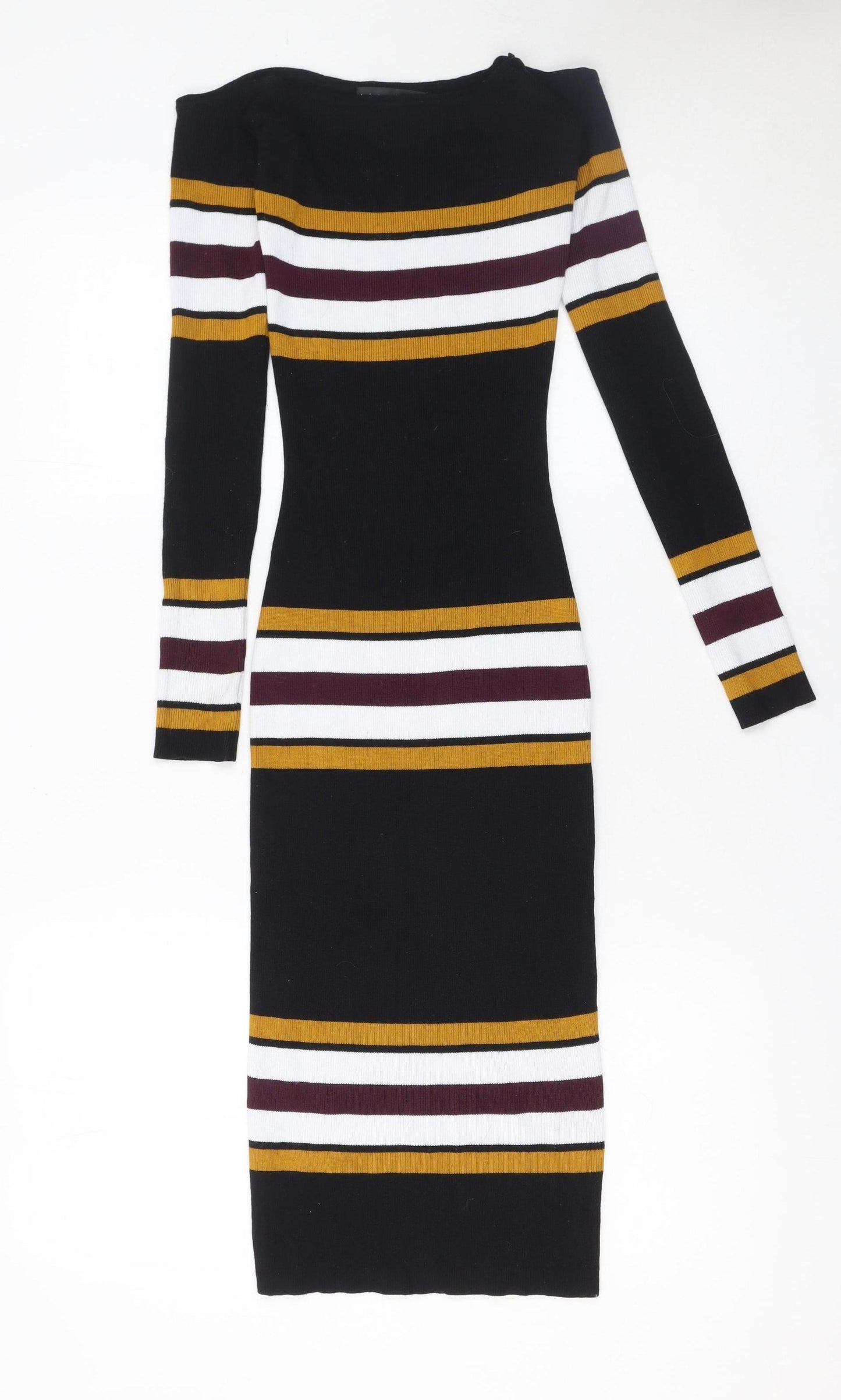 LU NYC Women Black Striped Midi Bodycon Dress XS