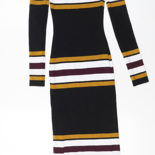 LU NYC Women Black Striped Midi Bodycon Dress XS