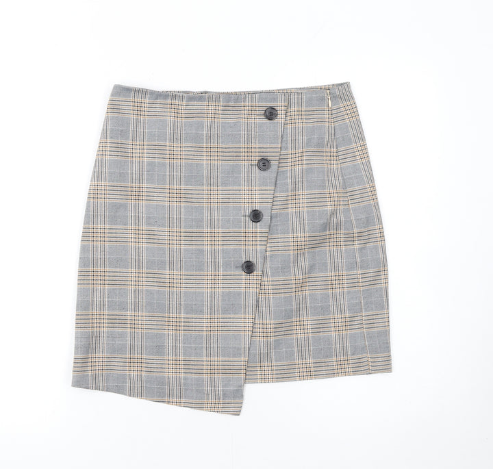 Next Women Grey Plaid Asymmetric Button Mini Skirt Size 8