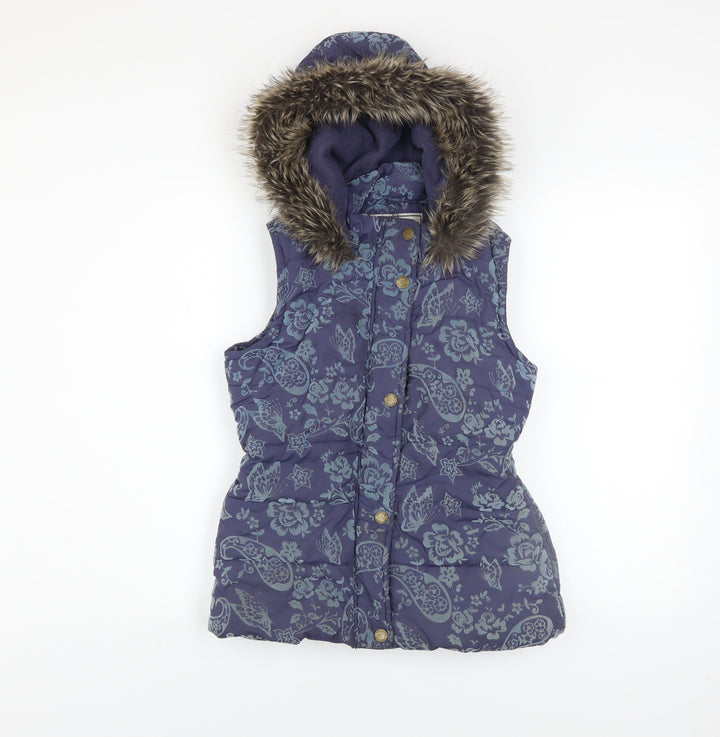 Monsoon Girls Blue Floral Hooded Puffer Gilet 12-13 Years Faux Fur Trim