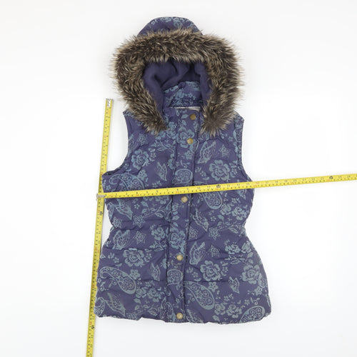 Monsoon Girls Blue Floral Hooded Puffer Gilet 12-13 Years Faux Fur Trim