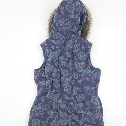 Monsoon Girls Blue Floral Hooded Puffer Gilet 12-13 Years Faux Fur Trim