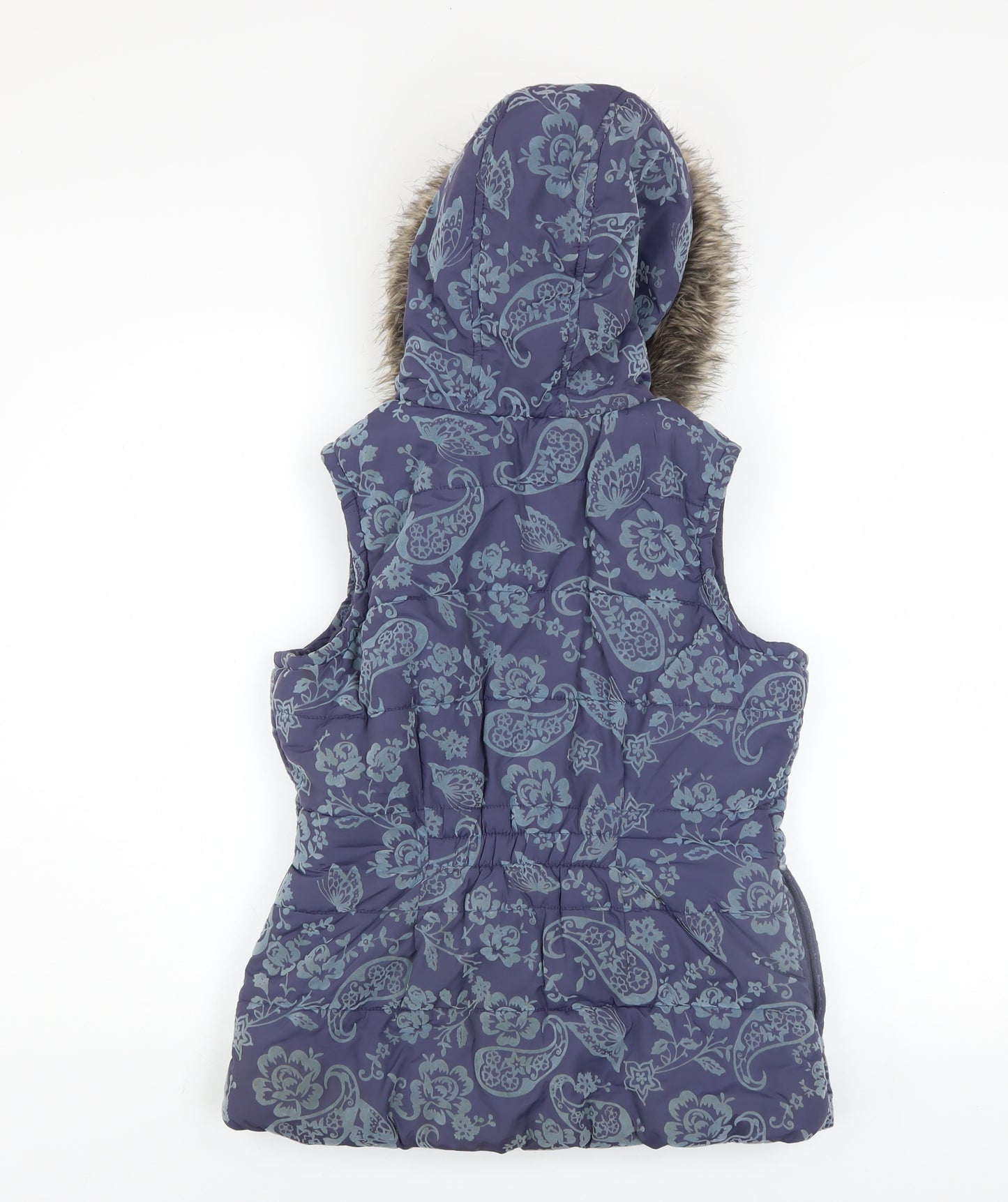 Monsoon Girls Blue Floral Hooded Puffer Gilet 12-13 Years Faux Fur Trim