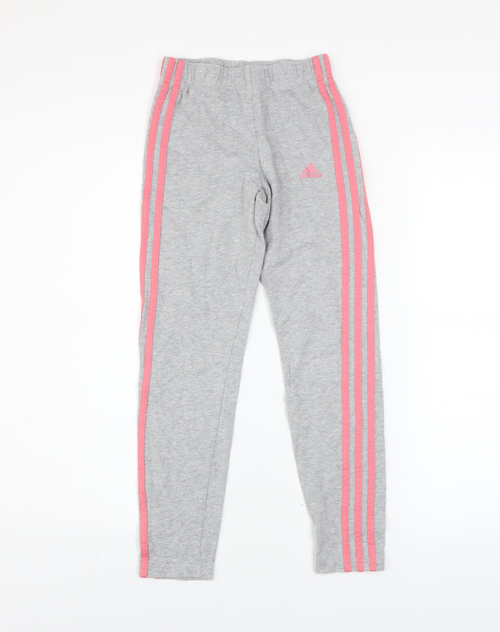 adidas Girls Grey Pink Stripe Ankle Leggings Size 11-12 Years Cotton Stretch