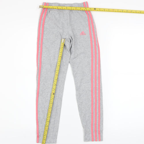 adidas Girls Grey Pink Stripe Ankle Leggings Size 11-12 Years Cotton Stretch