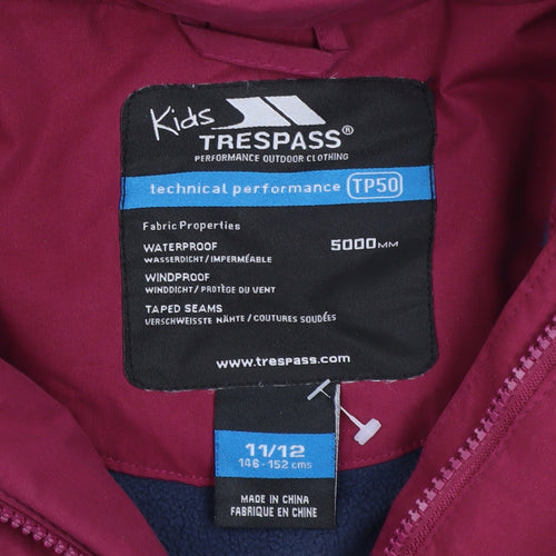 Trespass Girls Red Waterproof Hooded Parka Coat 11-12 Years Winter Jacket