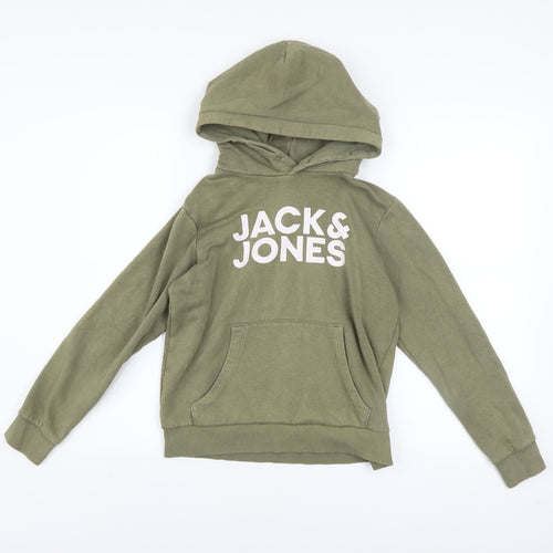 Jack & Jones Boys Green Hoodie Size 152 Pullover Fleece Logo Sweatshirt