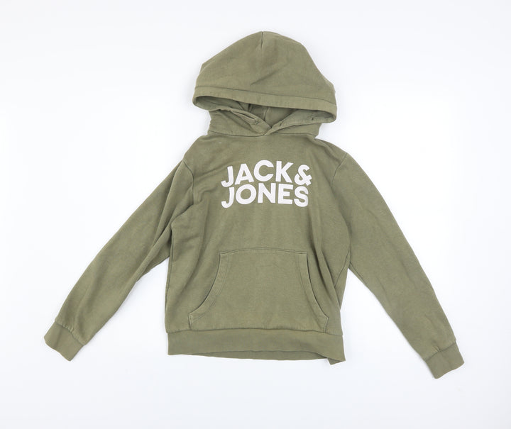 Jack & Jones Boys Green Hoodie Size 152 Pullover Fleece Logo Sweatshirt