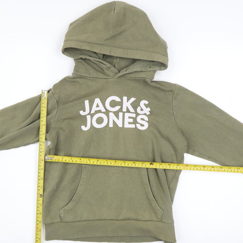 Jack & Jones Boys Green Hoodie Size 152 Pullover Fleece Logo Sweatshirt
