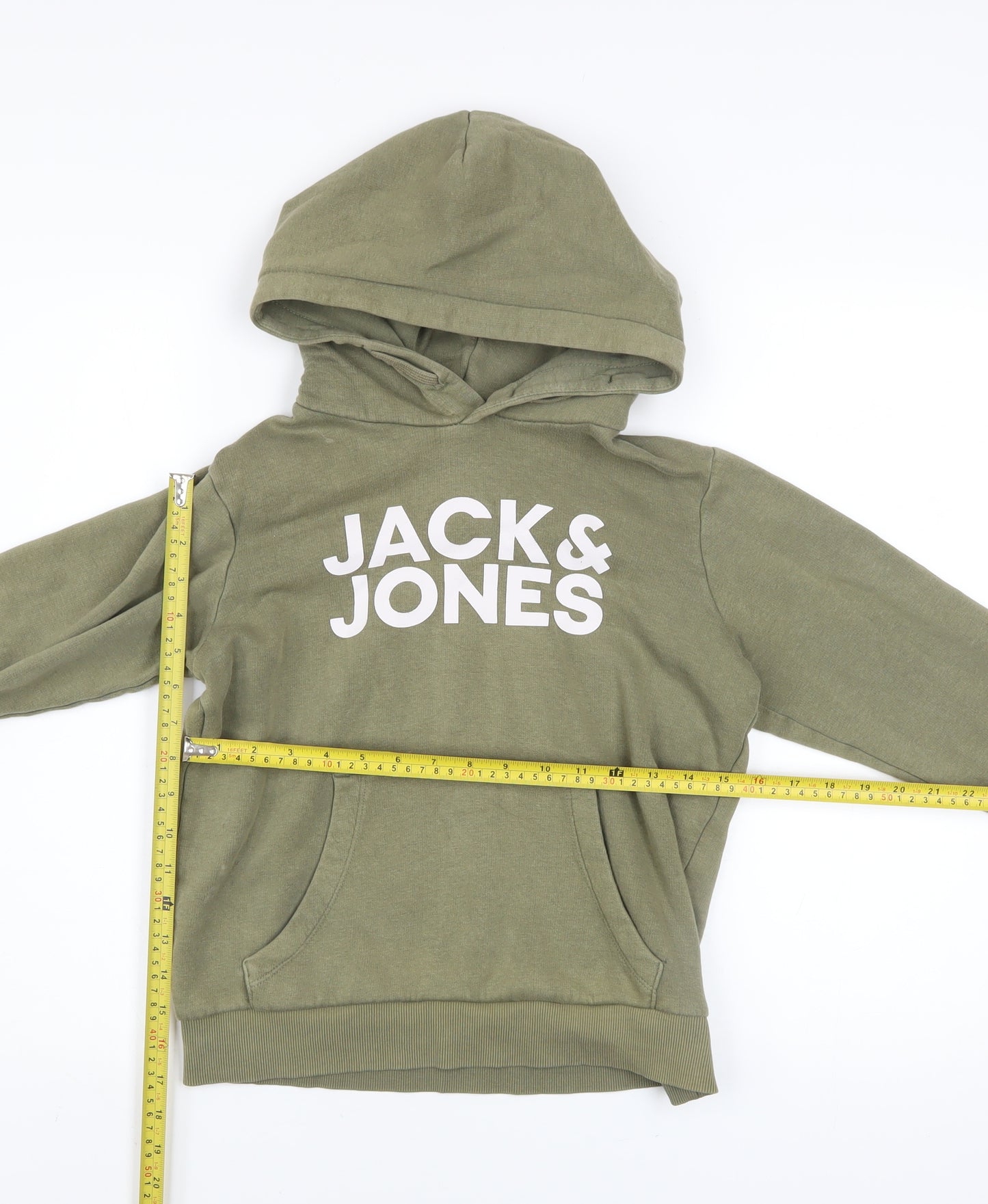 Jack & Jones Boys Green Hoodie Size 152 Pullover Fleece Logo Sweatshirt