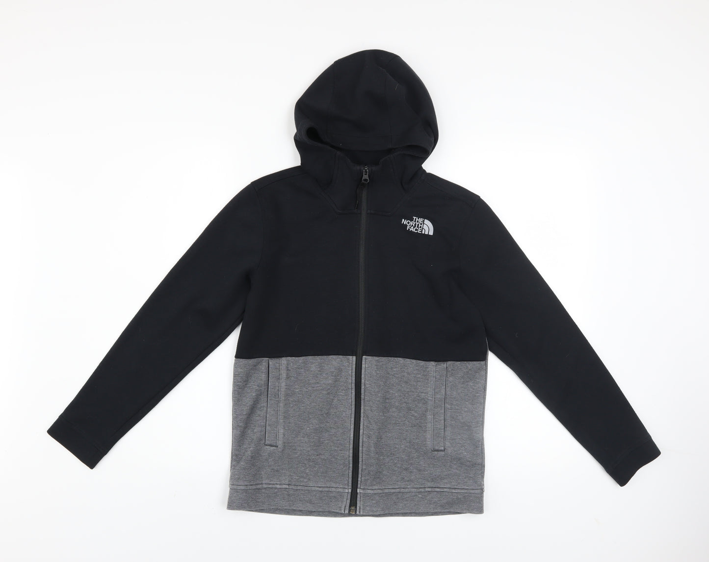 The North Face Boys Black Grey Full Zip Hooded Fleece Hoodie Size L