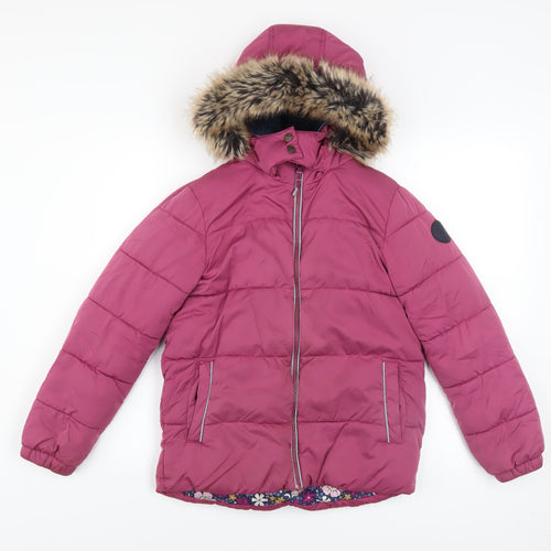 FatFace Girls Pink Faux Fur Hooded Puffer Jacket Coat 10-11 Years