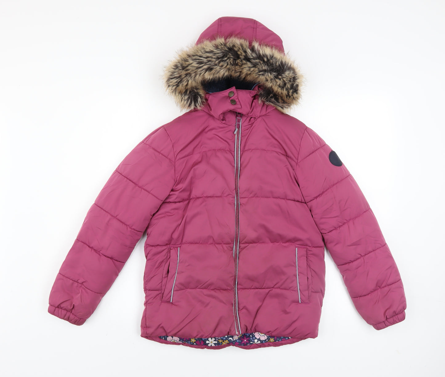 FatFace Girls Pink Faux Fur Hooded Puffer Jacket Coat 10-11 Years