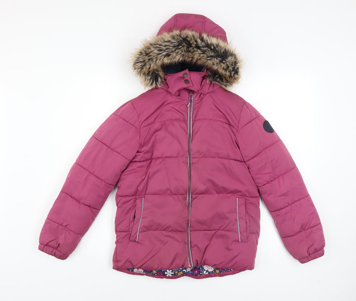 FatFace Girls Pink Faux Fur Hooded Puffer Jacket Coat 10-11 Years