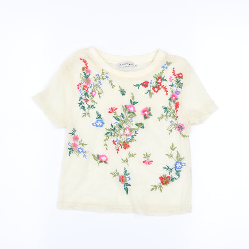 Light Before Dark Womens Beige Embroidered Floral Mesh Cropped T-Shirt XS
