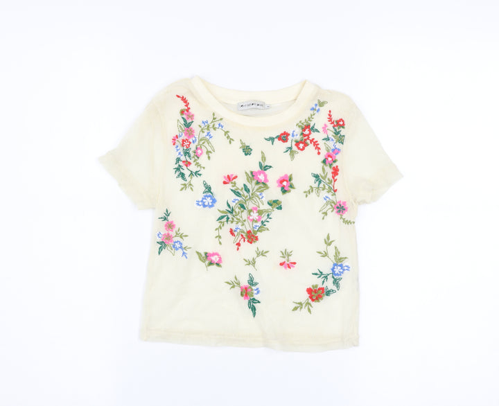 Light Before Dark Womens Beige Embroidered Floral Mesh Cropped T-Shirt XS