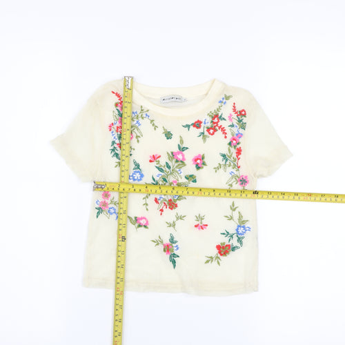 Light Before Dark Womens Beige Embroidered Floral Mesh Cropped T-Shirt XS